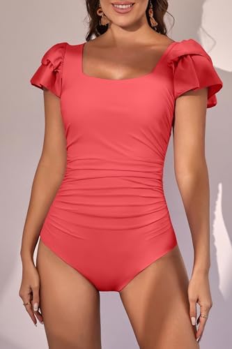Ruffle Square Neck Tummy Control One Piece Swimsuit