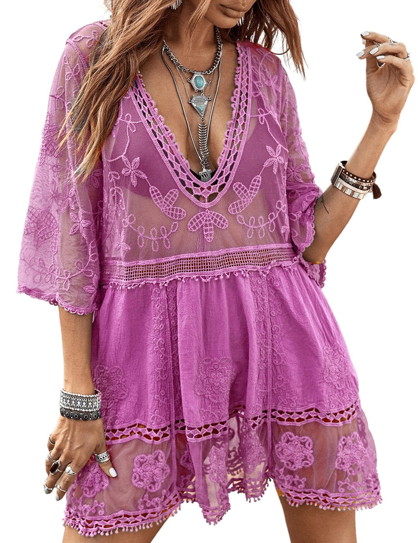 Eomenie Women's Contrast Lace Bathing Suit Cover Up V-Neck Swimsuit Coverups Loose Swimwear Beach Dress Beachwear