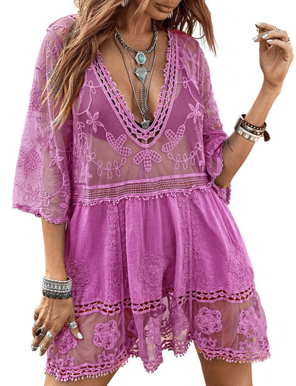 Eomenie Women's Contrast Lace Bathing Suit Cover Up V-Neck Swimsuit Coverups Loose Swimwear Beach Dress Beachwear