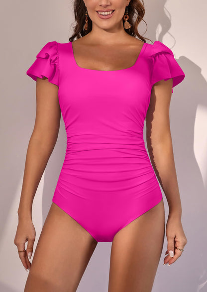 Ruffle Square Neck Tummy Control One Piece Swimsuit