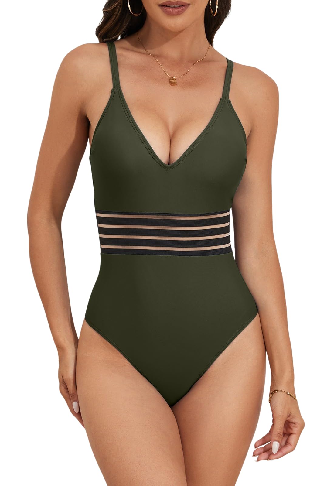V Neck Tummy Control Mesh One Piece Swimsuit