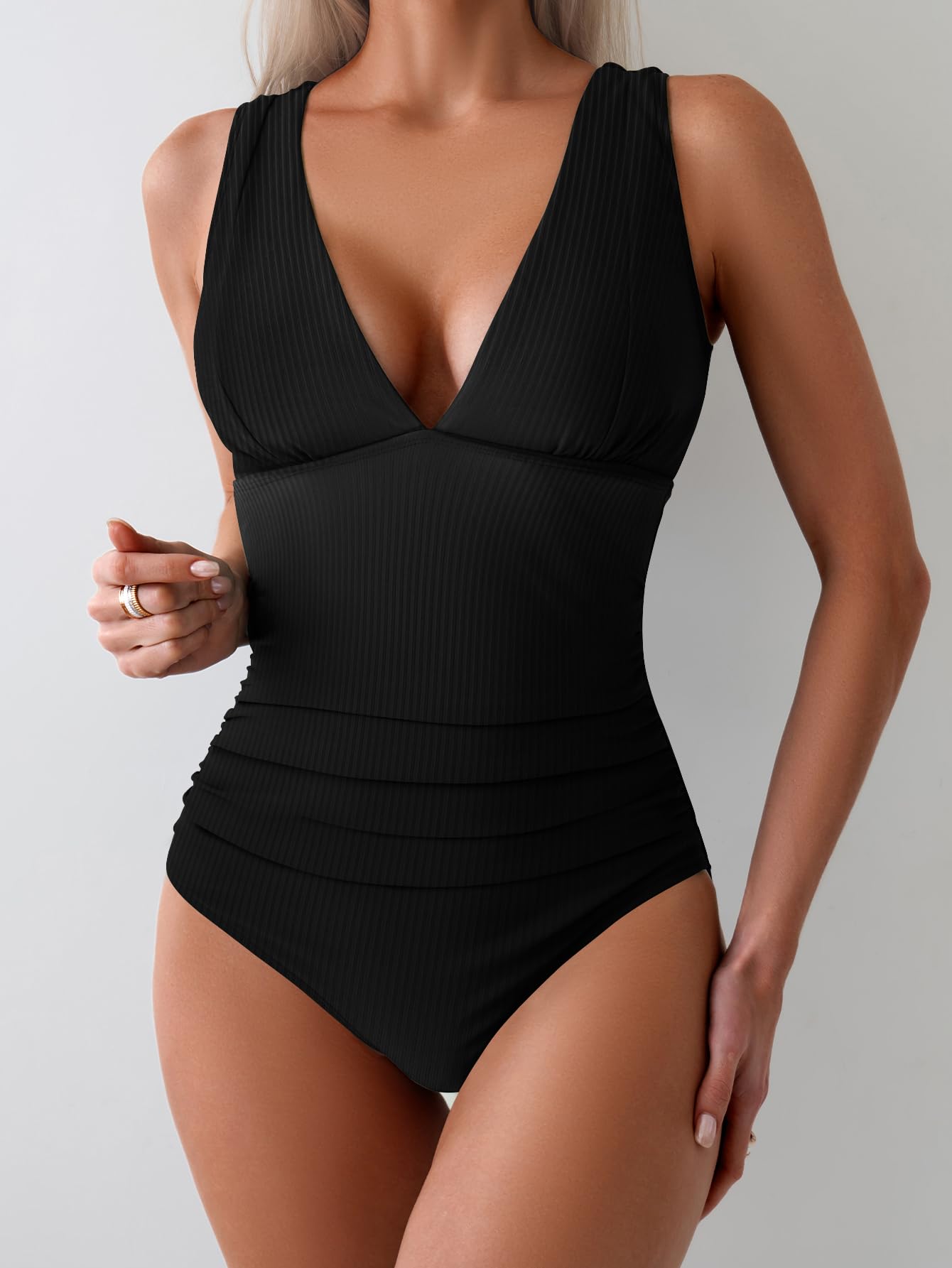 Tummy Control Wide Straps Plunge V Neck One Piece Swimsuit