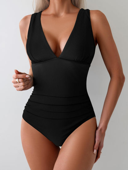 Tummy Control Wide Straps Plunge V Neck One Piece Swimsuit