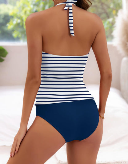Halter V Neck Tummy Control Tankini Swimsuit for Women
