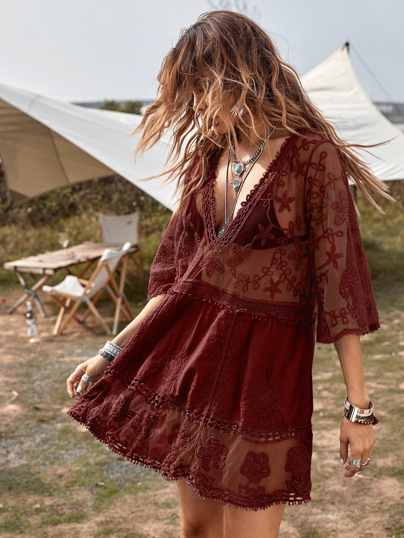 Eomenie Women's Contrast Lace Bathing Suit Cover Up V-Neck Swimsuit Coverups Loose Swimwear Beach Dress Beachwear