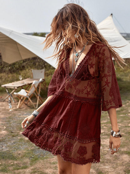 Eomenie Women's Contrast Lace Bathing Suit Cover Up V-Neck Swimsuit Coverups Loose Swimwear Beach Dress Beachwear