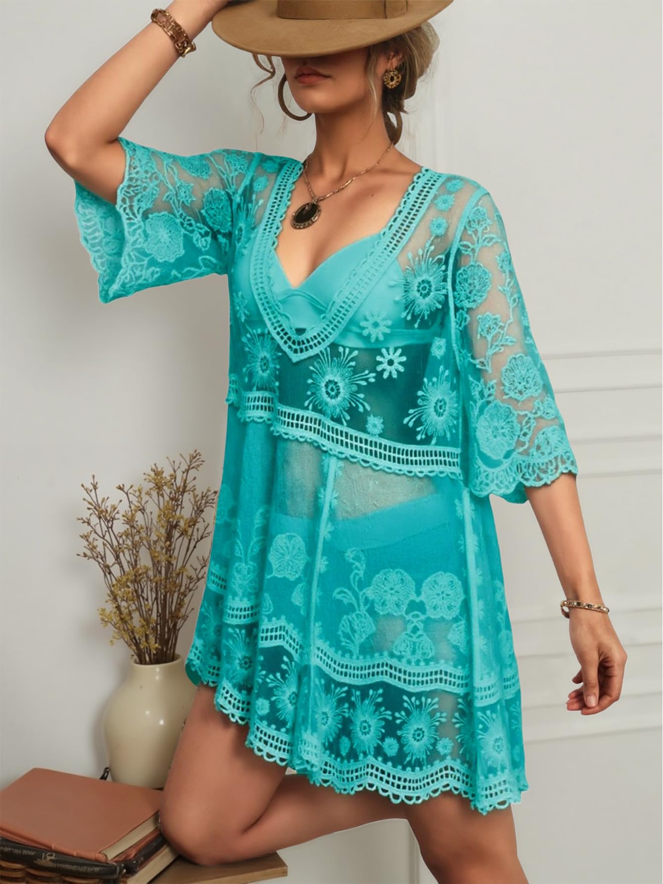 Eomenie Women's Contrast Lace Bathing Suit Cover Up V-Neck Swimsuit Coverups Loose Swimwear Beach Dress Beachwear