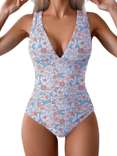 Tummy Control Wide Straps Plunge V Neck One Piece Swimsuit