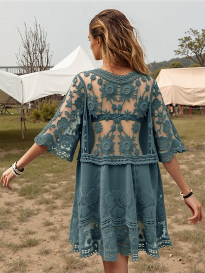 Eomenie Women's Contrast Lace Bathing Suit Cover Up V-Neck Swimsuit Coverups Loose Swimwear Beach Dress Beachwear