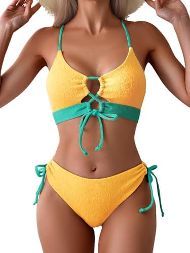 Women's Sexy Bikini Set Color Block Lace Up 2 Piece Bathing Suit Tie Side Swimsuit