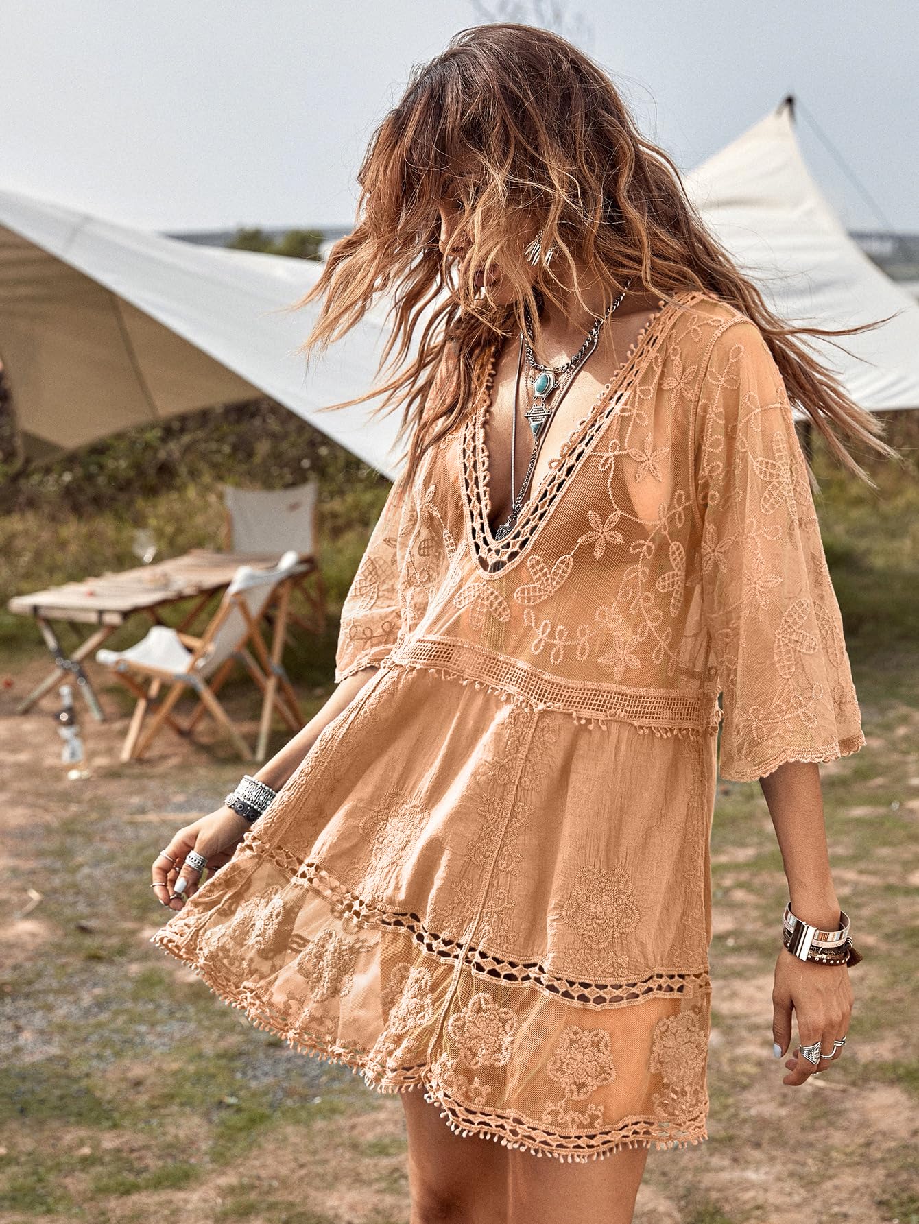 Eomenie Women's Contrast Lace Bathing Suit Cover Up V-Neck Swimsuit Coverups Loose Swimwear Beach Dress Beachwear