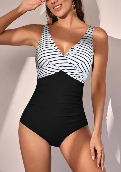 V Neck Ruched Wrap Tummy Control One Piece Swimsuit