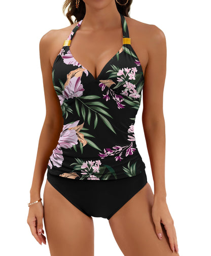 Halter V Neck Tummy Control Tankini Swimsuit for Women