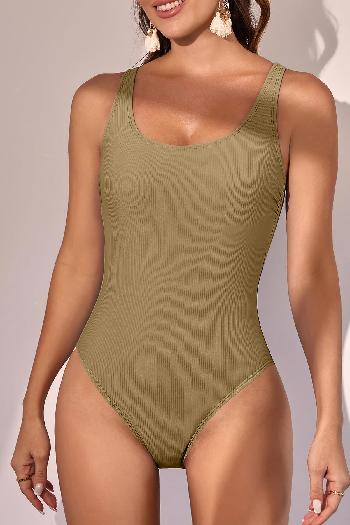Scoop Neck Ribbed Tummy Control One Piece Swimsuits