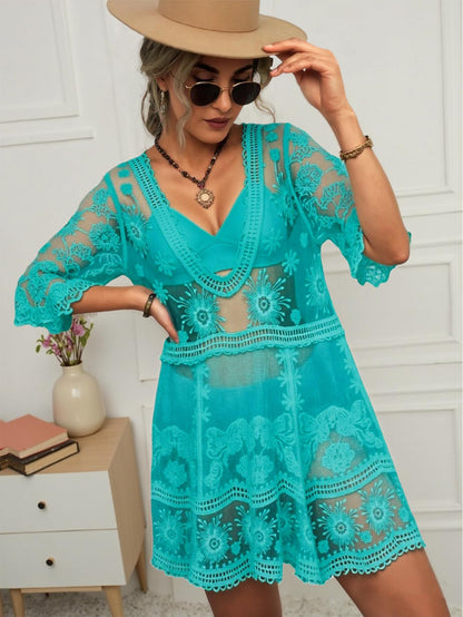 Eomenie Women's Contrast Lace Bathing Suit Cover Up V-Neck Swimsuit Coverups Loose Swimwear Beach Dress Beachwear