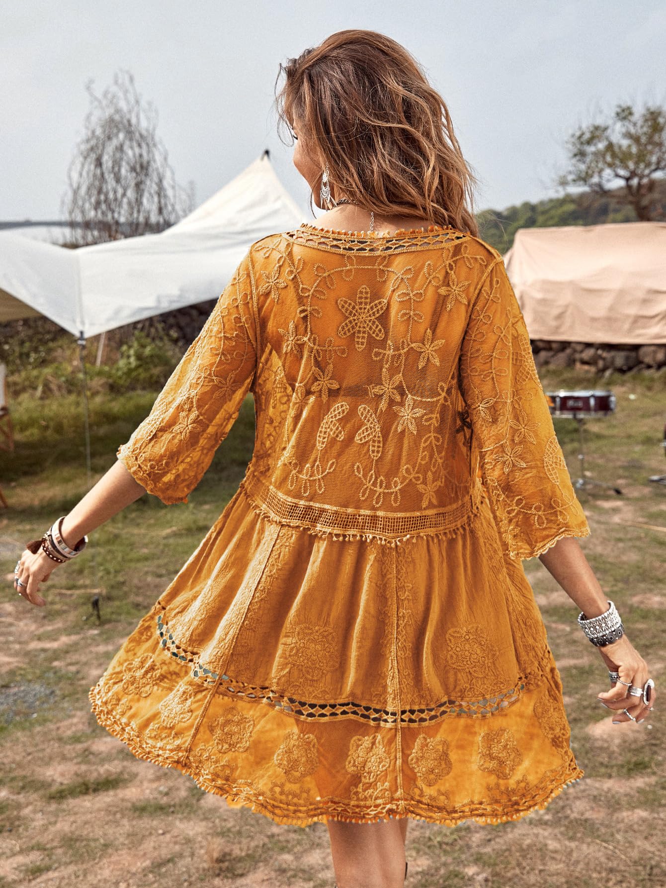 Eomenie Women's Contrast Lace Bathing Suit Cover Up V-Neck Swimsuit Coverups Loose Swimwear Beach Dress Beachwear