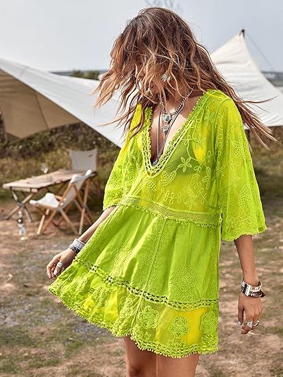 Eomenie Women's Contrast Lace Bathing Suit Cover Up V-Neck Swimsuit Coverups Loose Swimwear Beach Dress Beachwear