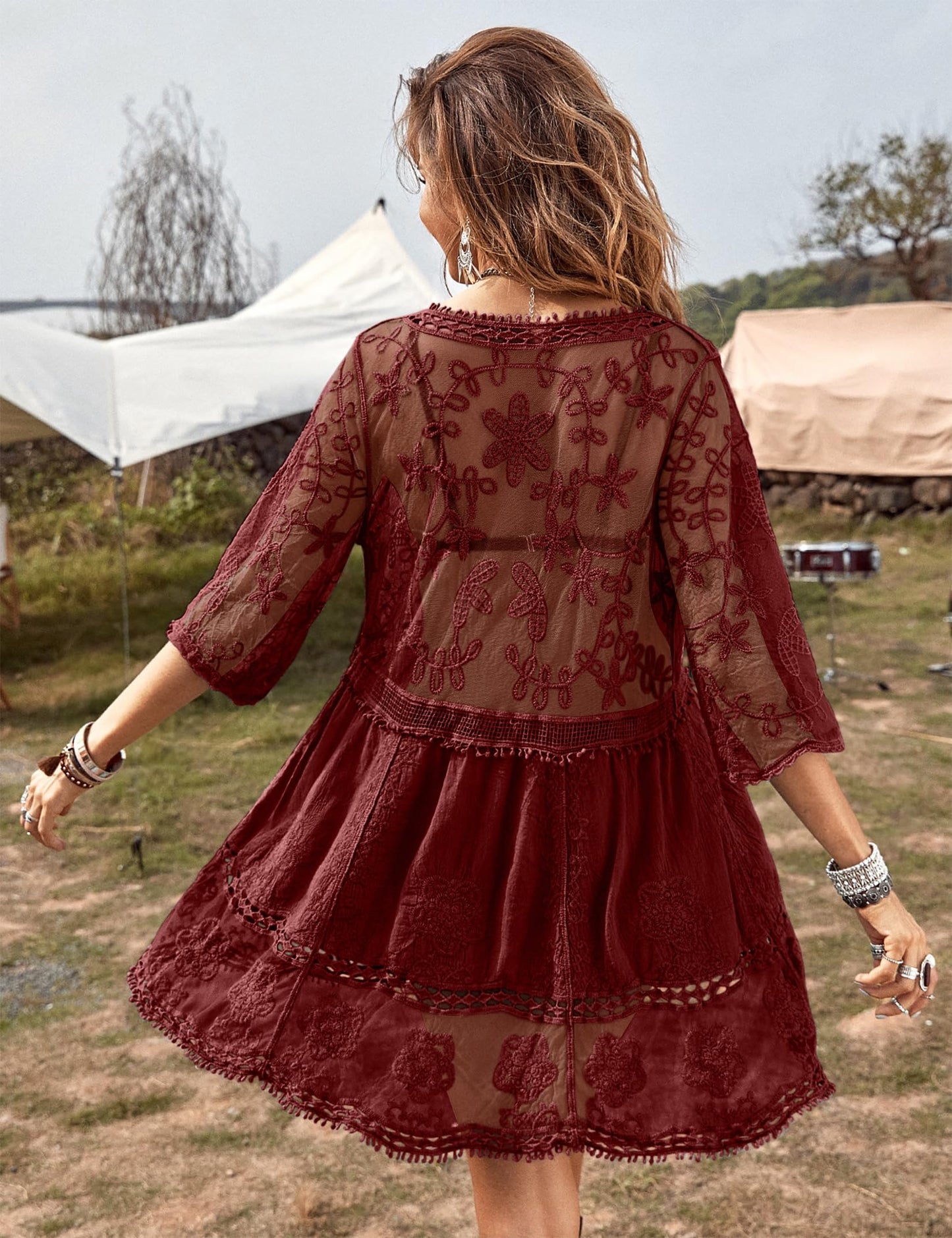 Eomenie Women's Contrast Lace Bathing Suit Cover Up V-Neck Swimsuit Coverups Loose Swimwear Beach Dress Beachwear