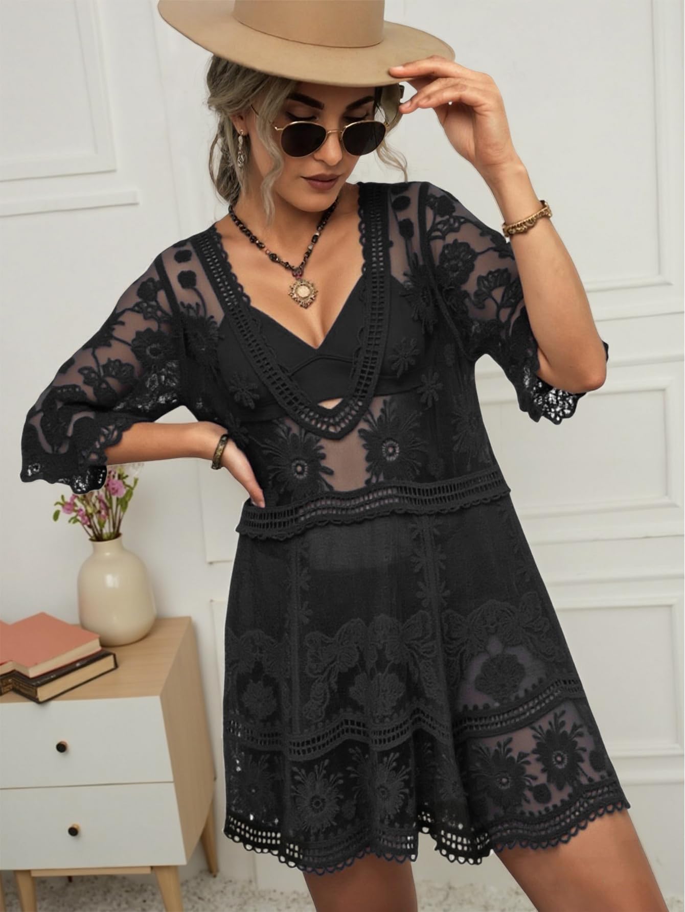 Eomenie Women's Contrast Lace Bathing Suit Cover Up V-Neck Swimsuit Coverups Loose Swimwear Beach Dress Beachwear