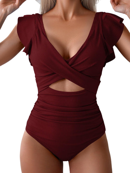 Ruffle Cutout Tummy Control V Neck Wrap One Piece Swimsuit
