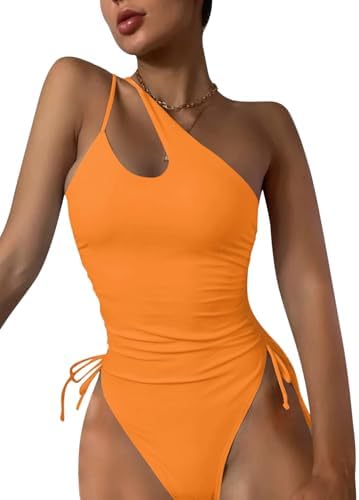 One Shoulder High Cut Tie Side Drawstring Swimsuits