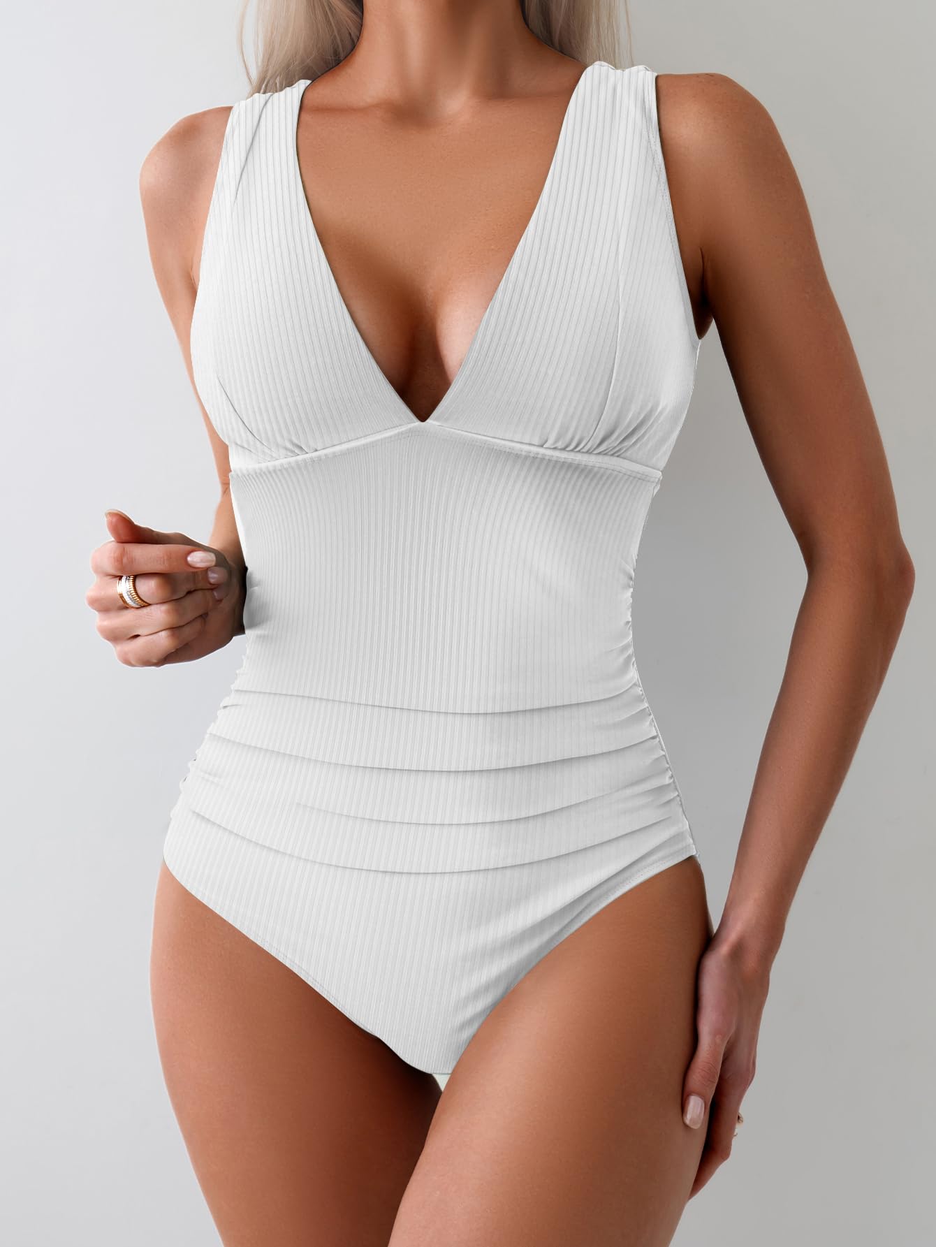 Tummy Control Wide Straps Plunge V Neck One Piece Swimsuit
