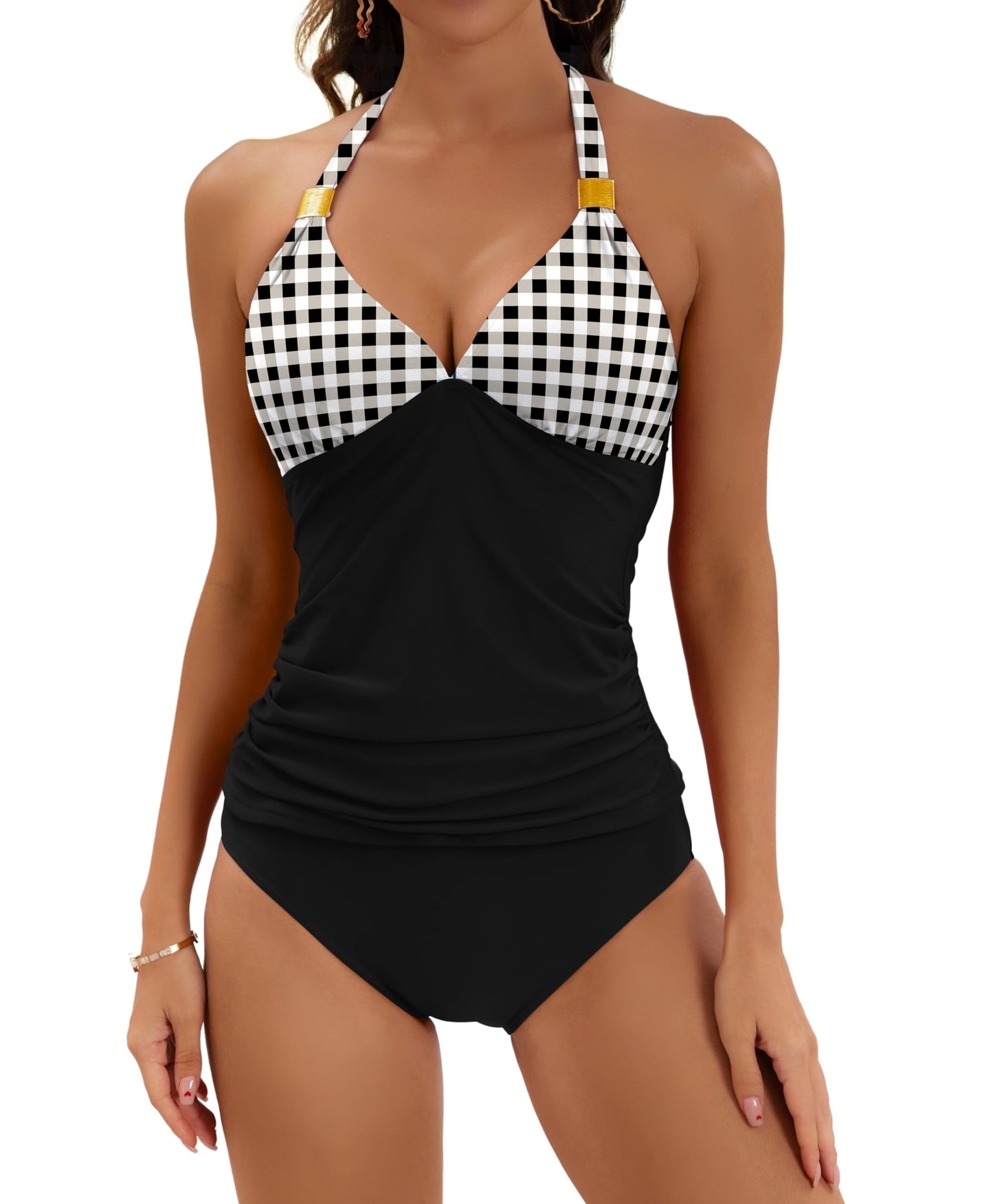 Halter V Neck Tummy Control Tankini Swimsuit for Women