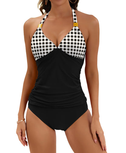 Halter V Neck Tummy Control Tankini Swimsuit for Women