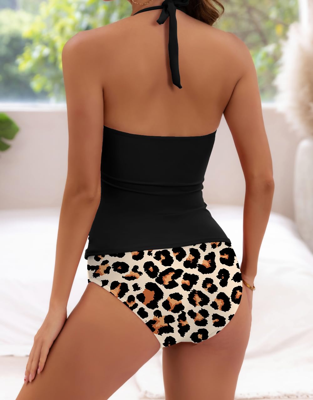 Halter V Neck Tummy Control Tankini Swimsuit for Women