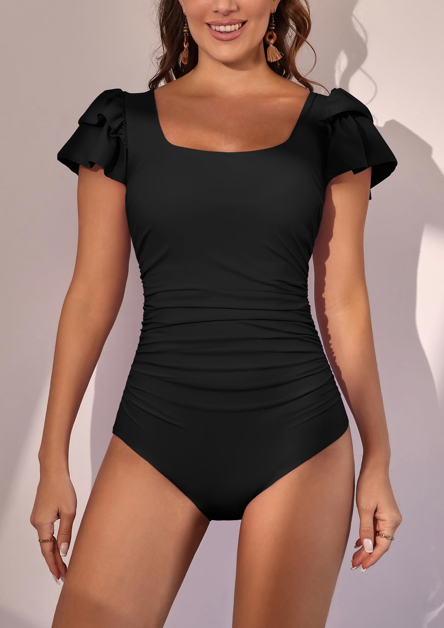 Ruffle Square Neck Tummy Control One Piece Swimsuit