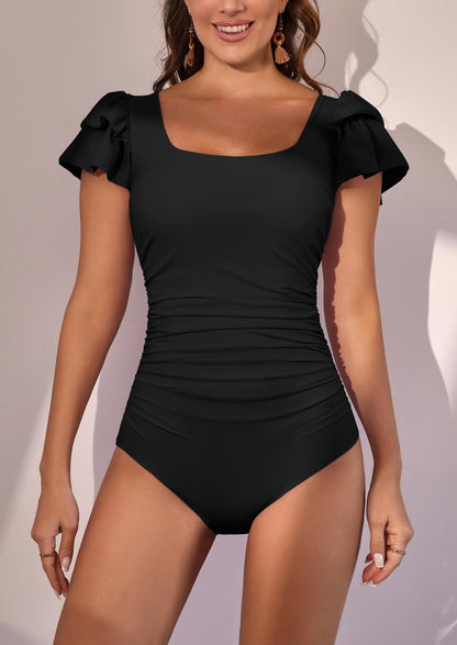 Ruffle Square Neck Tummy Control One Piece Swimsuit