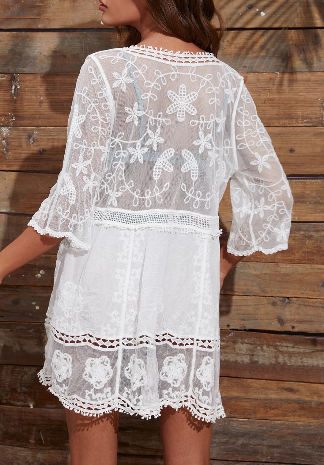 Eomenie Women's Contrast Lace Bathing Suit Cover Up V-Neck Swimsuit Coverups Loose Swimwear Beach Dress Beachwear