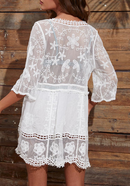 Eomenie Women's Contrast Lace Bathing Suit Cover Up V-Neck Swimsuit Coverups Loose Swimwear Beach Dress Beachwear