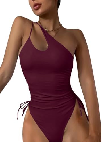 One Shoulder High Cut Tie Side Drawstring Swimsuits