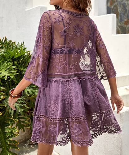 Eomenie Women's Contrast Lace Bathing Suit Cover Up V-Neck Swimsuit Coverups Loose Swimwear Beach Dress Beachwear