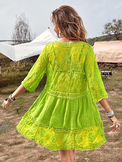 Eomenie Women's Contrast Lace Bathing Suit Cover Up V-Neck Swimsuit Coverups Loose Swimwear Beach Dress Beachwear