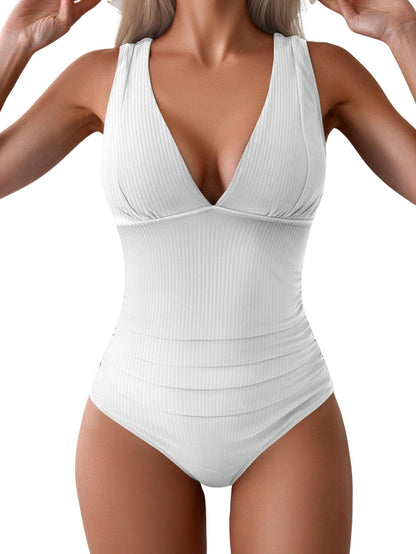 Tummy Control Wide Straps Plunge V Neck One Piece Swimsuit
