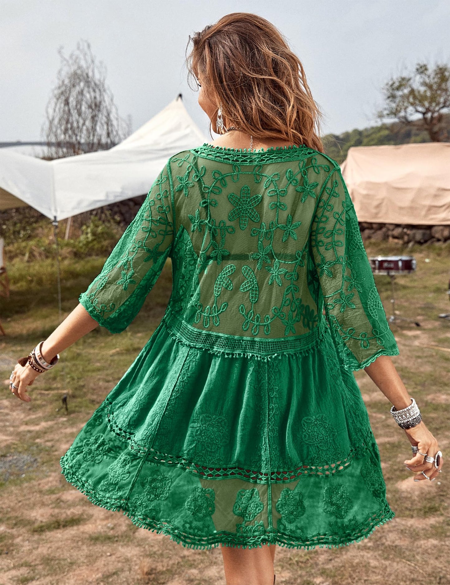 Eomenie Women's Contrast Lace Bathing Suit Cover Up V-Neck Swimsuit Coverups Loose Swimwear Beach Dress Beachwear