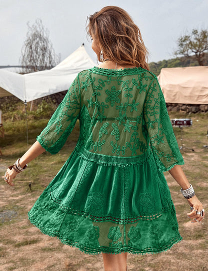 Eomenie Women's Contrast Lace Bathing Suit Cover Up V-Neck Swimsuit Coverups Loose Swimwear Beach Dress Beachwear