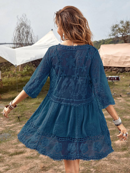 Eomenie Women's Contrast Lace Bathing Suit Cover Up V-Neck Swimsuit Coverups Loose Swimwear Beach Dress Beachwear