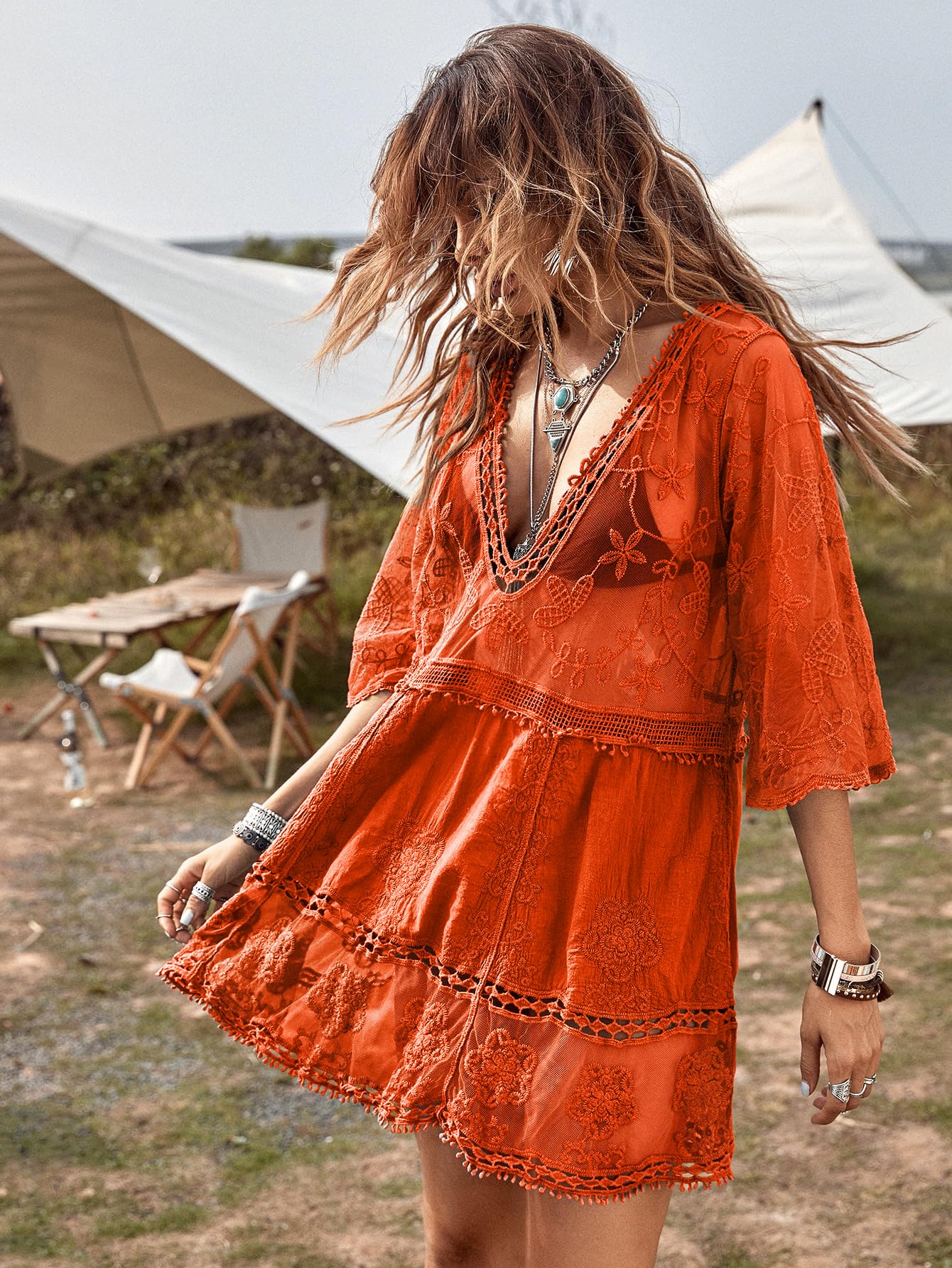 Eomenie Women's Contrast Lace Bathing Suit Cover Up V-Neck Swimsuit Coverups Loose Swimwear Beach Dress Beachwear