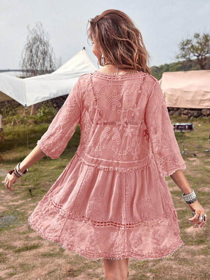 Eomenie Women's Contrast Lace Bathing Suit Cover Up V-Neck Swimsuit Coverups Loose Swimwear Beach Dress Beachwear