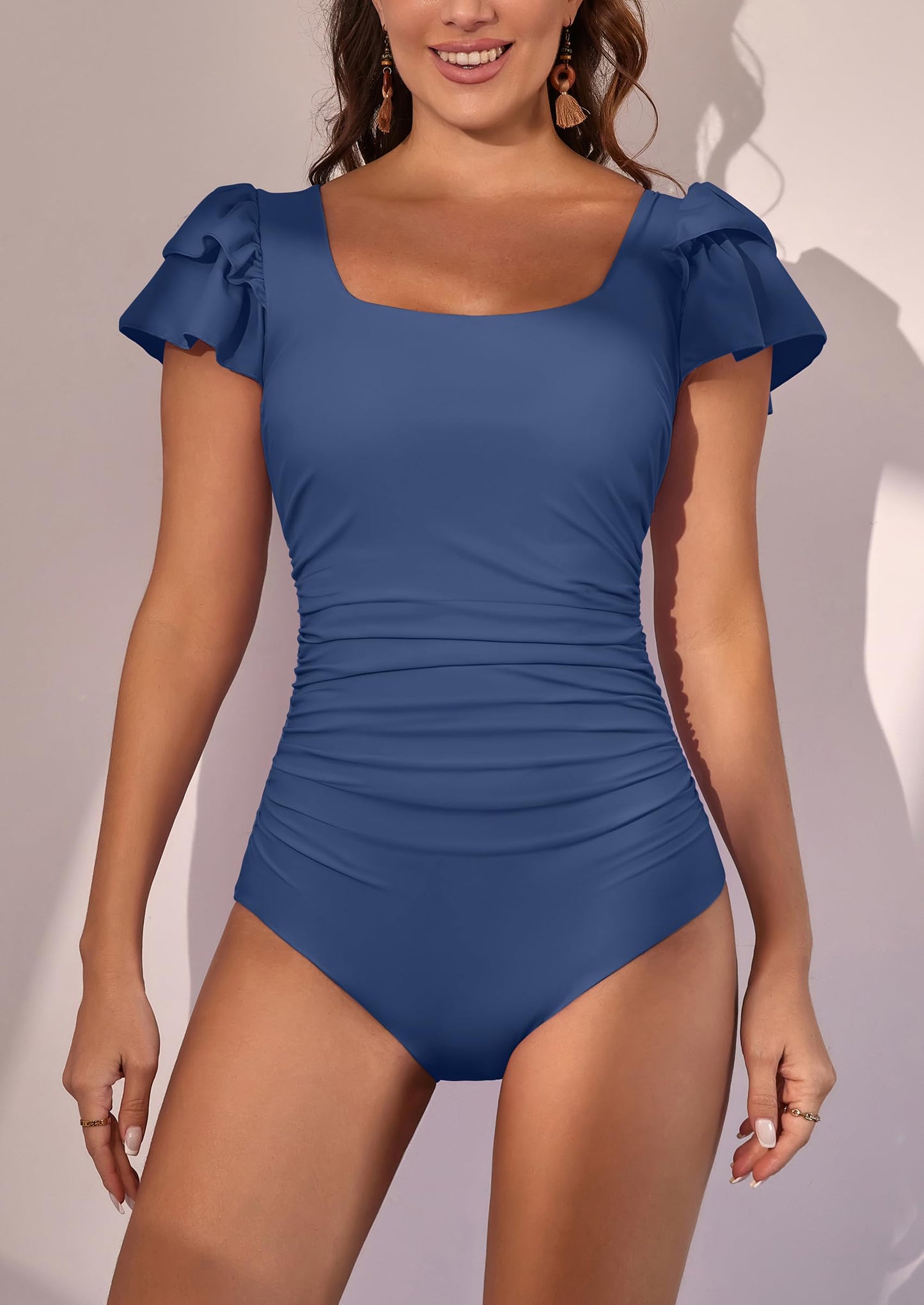 Ruffle Square Neck Tummy Control One Piece Swimsuit