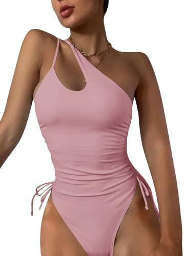One Shoulder High Cut Tie Side Drawstring Swimsuits