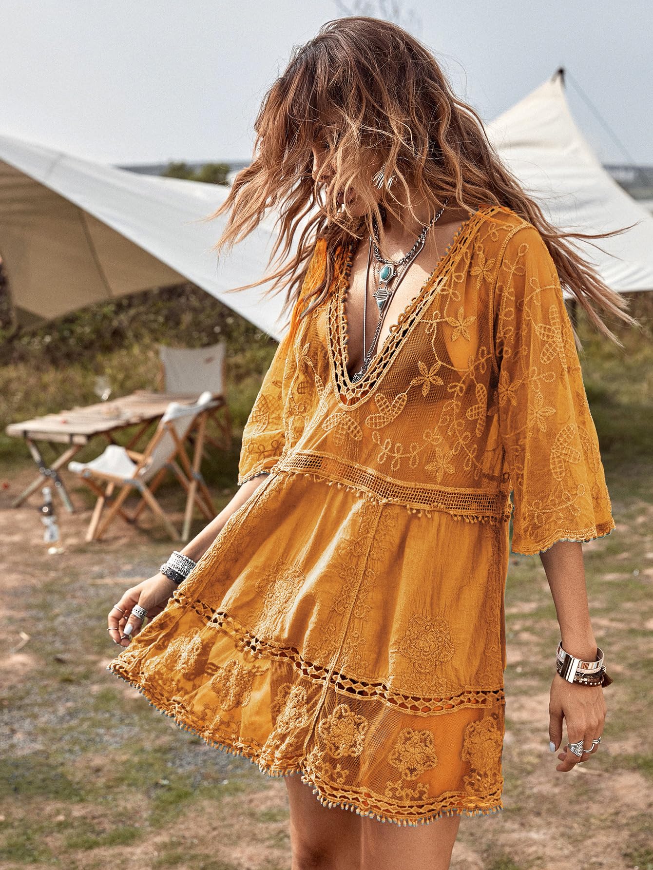 Eomenie Women's Contrast Lace Bathing Suit Cover Up V-Neck Swimsuit Coverups Loose Swimwear Beach Dress Beachwear