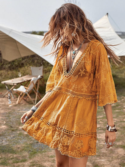 Eomenie Women's Contrast Lace Bathing Suit Cover Up V-Neck Swimsuit Coverups Loose Swimwear Beach Dress Beachwear