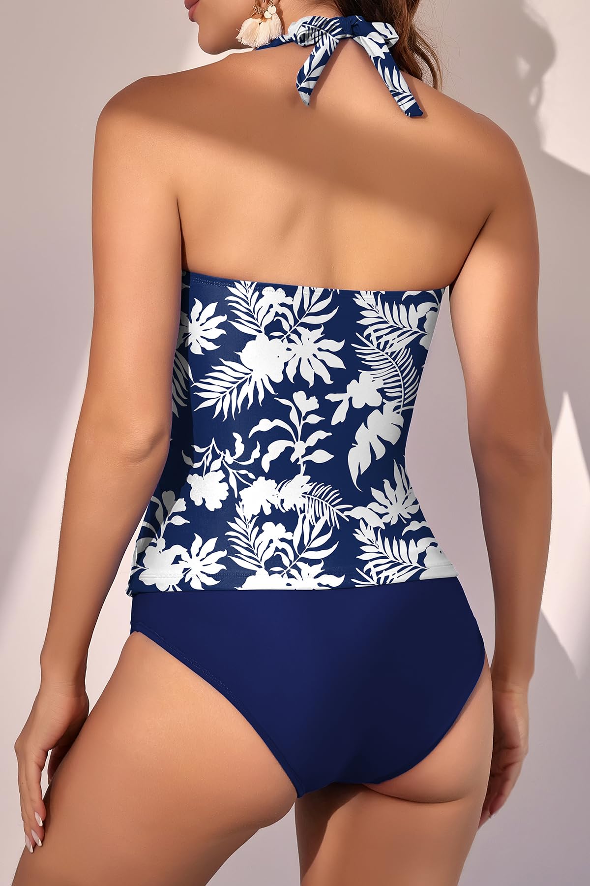 Womens Halter Ruched Tummy Control Two Piece Tankini