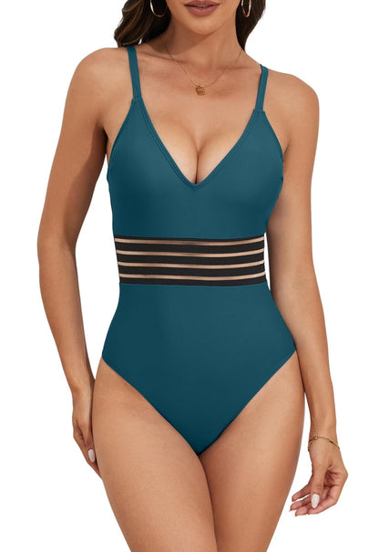 V Neck Tummy Control Mesh One Piece Swimsuit