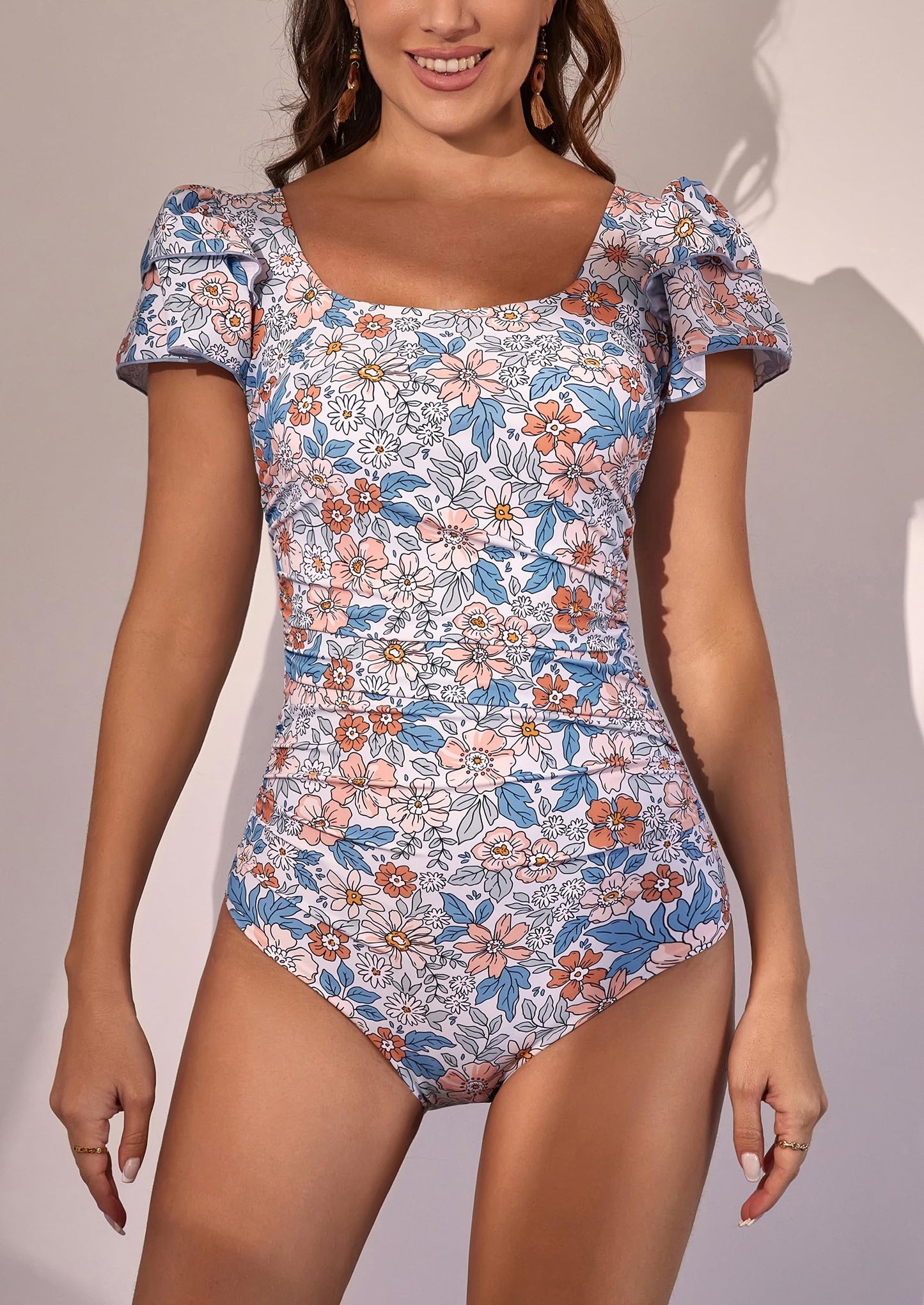 Ruffle Square Neck Tummy Control One Piece Swimsuit