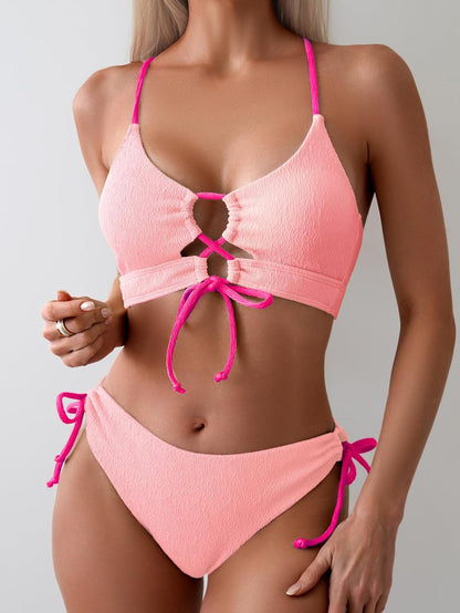 Women's Sexy Bikini Set Color Block Lace Up 2 Piece Bathing Suit Tie Side Swimsuit